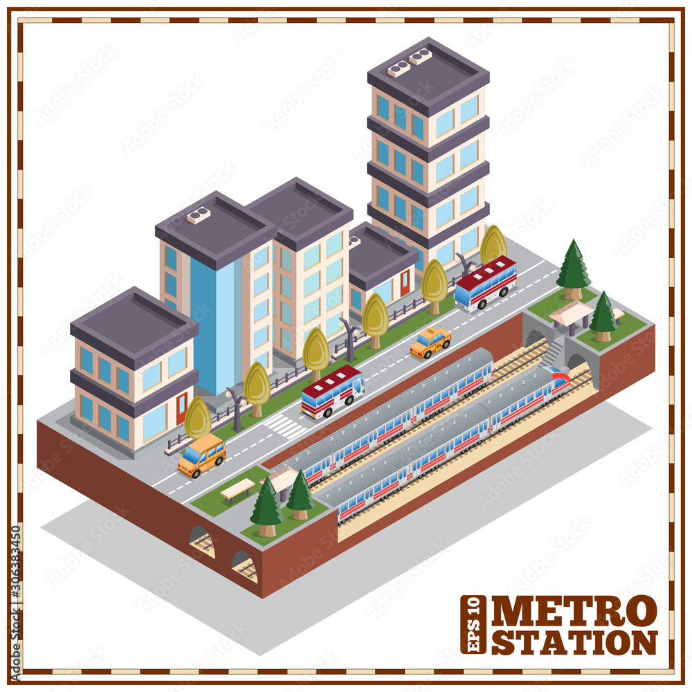 Metro station. Cityscape. Isometric. Isolated on white background. Vector illustration. Metro station. Cityscape. Isometric. Isolated on white background. Vector illustration.