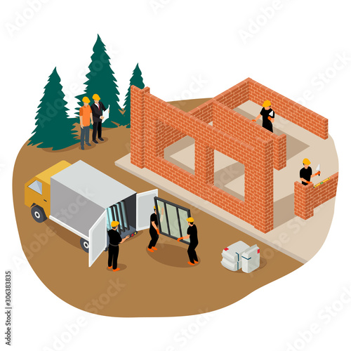 Vector isometric illustration of workers building a private house and installing window frames