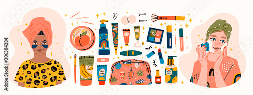 Beauty routine. Beautiful young ladies and various cosmetics. Face and body care concept. Cleansing, moisturizing, treating. Hand drawn vector set. Trendy illustration. All elements are isolated