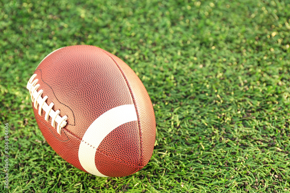 Rugby ball on green field outdoors Rugby ball on green field outdoors