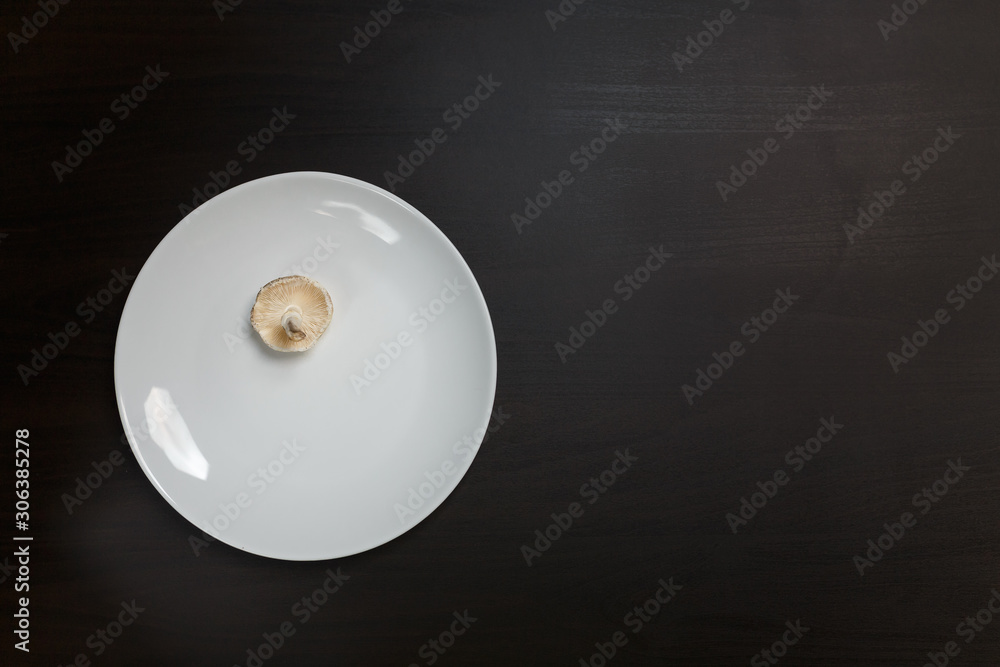 One raw champignon mushroom on a white plate on black table. Not enought food or oversaturation concept. Diet, nutrition, healthy and unhealthy eating habits, overweight or underweight concept. One raw champignon mushroom on a white plate on black table. Not enought food or oversaturation concept. Diet, nutrition, healthy and unhealthy eating habits, overweight or underweight concept.