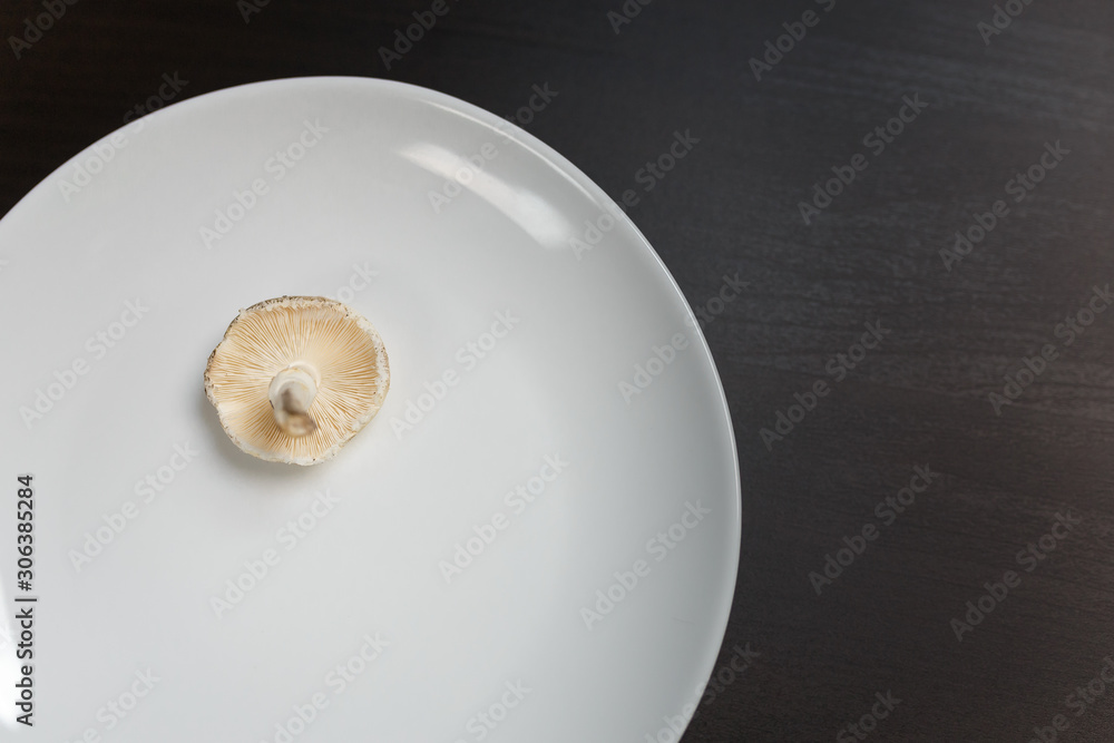One raw champignon mushroom on a white plate on black table. Not enought food or oversaturation concept. Diet, nutrition, healthy and unhealthy eating habits, overweight or underweight concept.