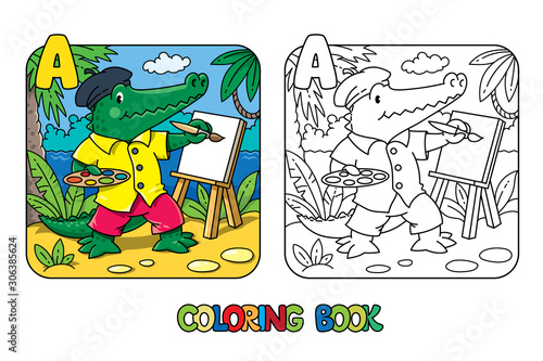 Alligator artist coloring book. Animal Alphabet A