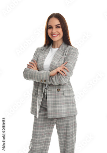 Portrait of happy businesswoman on white background