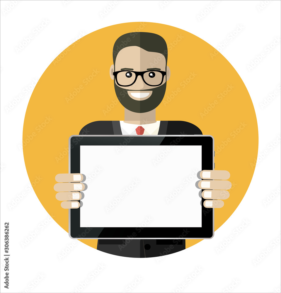 Cheerful young man in formal wear and glasses showing his digital tablet and smiling Cheerful young man in formal wear and glasses showing his digital tablet and smiling