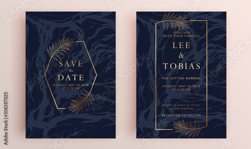Beautiful set of wedding card templates. Gold collection of geometrical polyhedron, art deco style for wedding invitation, luxury templates, decorative patterns.