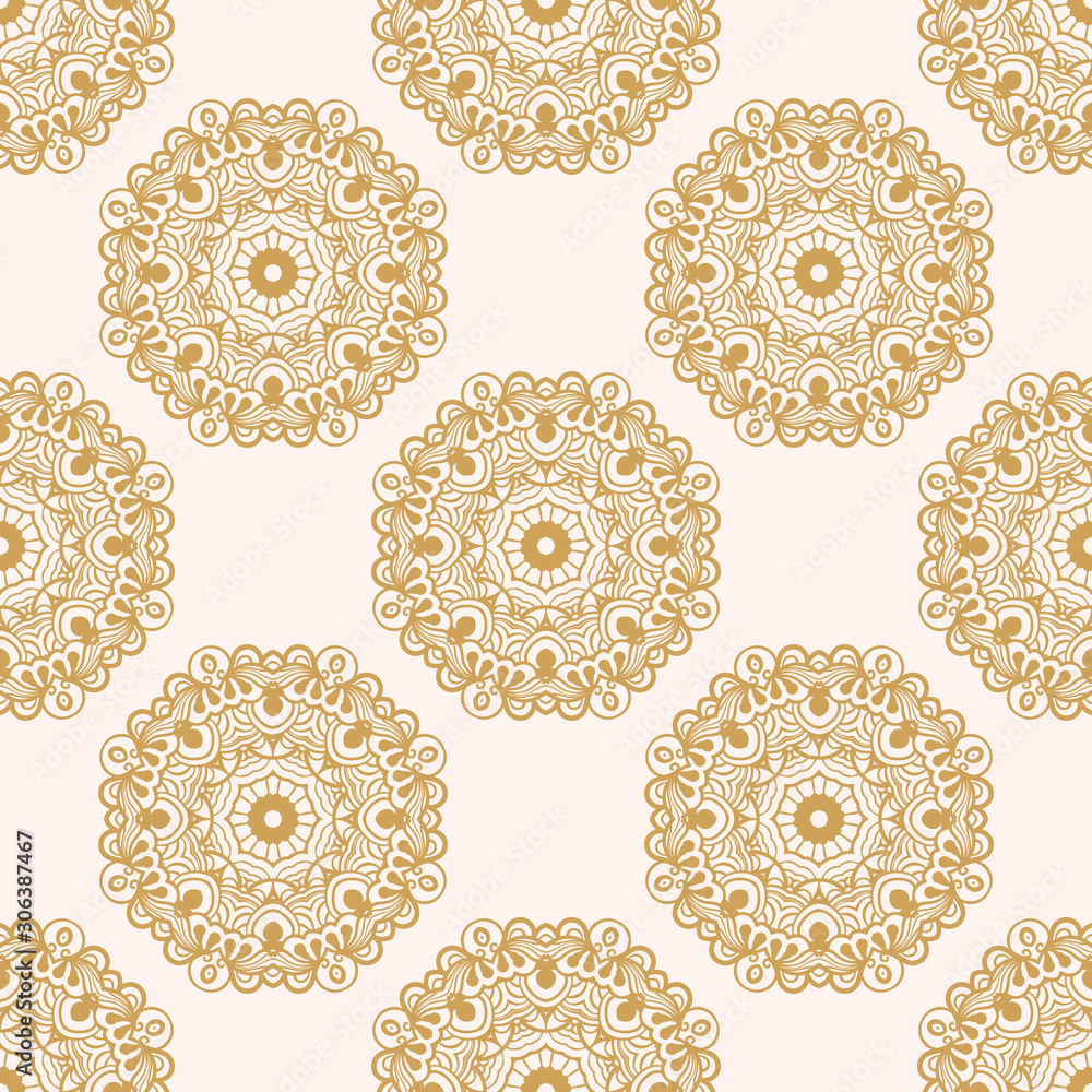 Abstract seamless pattern with mandala flower. Mosaic, tile. Floral background. Vector illustration. Abstract seamless pattern with mandala flower. Mosaic, tile. Floral background. Vector illustration.