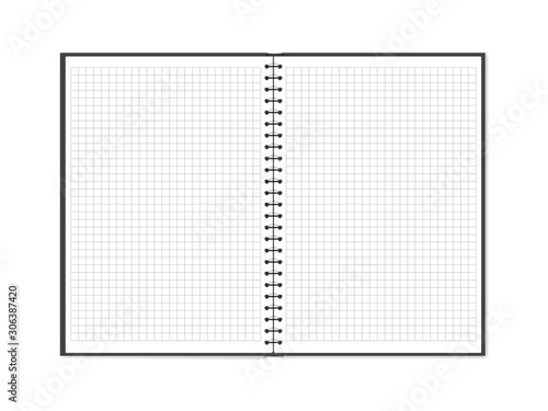 Vector illustration of open double page spread block note with square grid. Empty notepad with copy space isolated on white. Blank notepapers can be used as a mock up, background or template. Eps 10.