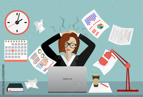 Stress at work concept flat illustration. Stressed out women in suit with glasses, in office at the desk. Modern design for web banners, web sites, printed materials, infographics. Flat vector.