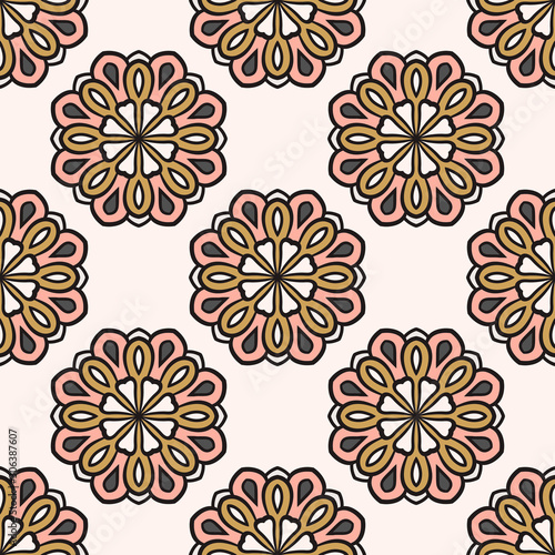 Abstract seamless pattern with mandala flower. Mosaic, tile. Floral background. Vector illustration. 