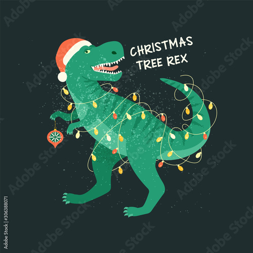 Tyrannosaurus Christmas Tree Rex Card. Dinosaur in Santa hat decorates Christmas tree garland lights. Vector illustration of funny character in cartoon flat style.