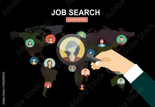 Search for job symbol with magnifying glass, find the right person, searching people for the job, human resources. Modern vector illustration for web design, marketing and print material.