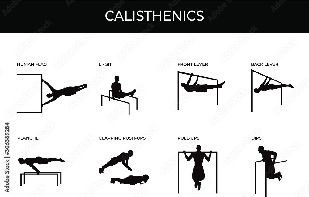 Calisthenic silhouettes set isolated on white. Male athlete doing human  flag, planche, front lever, back lever, L-sit, clapping pushups, pull ups  and dips. Street workout and gym own weight exercises. Stock Vector