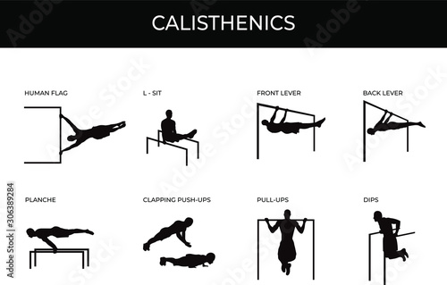 Calisthenic silhouettes set isolated on white. Male athlete doing human flag, planche, front lever, back lever, L-sit, clapping pushups, pull ups and dips. Street workout and gym own weight exercises. photo