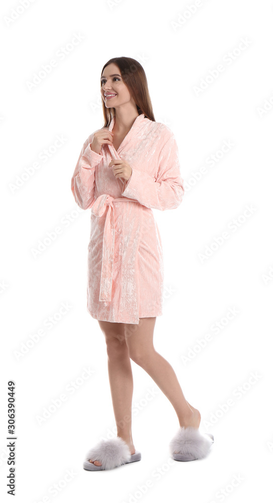Young woman in bathrobe on white background Young woman in bathrobe on white background