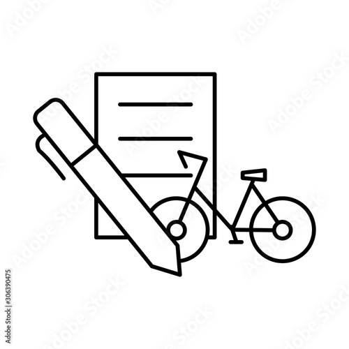 The lease, purchase, rental of pedal and electric bicycles. Paper agreement with pen on a white background is insulated. Vector editable outline stroke linear icon. Thin vector black contour