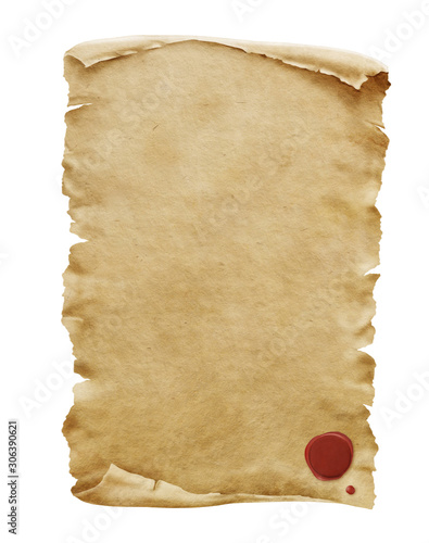 Red wax seal on old paper manuscript or papyrus scroll vertically oriented isolated on white background.