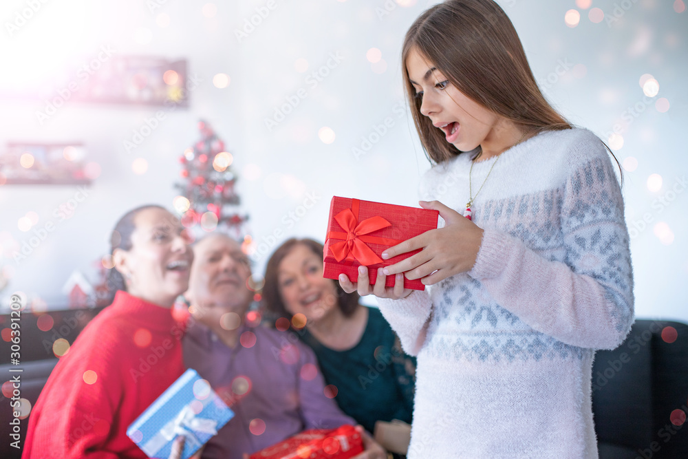 Multi generation family giving Christmas gifts on the sofa at home Multi generation family giving Christmas gifts on the sofa at home