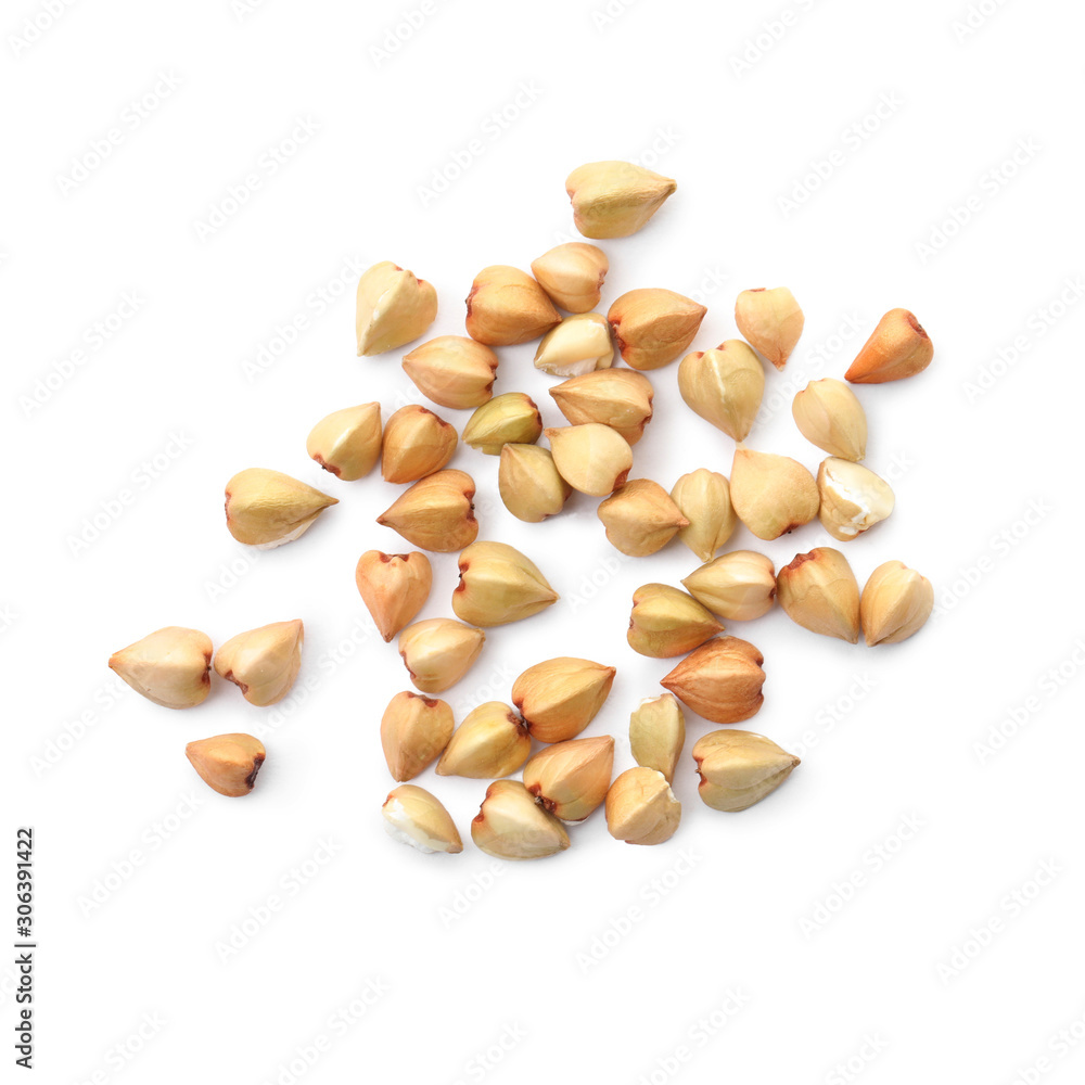 Organic green buckwheat isolated on white, top view Organic green buckwheat isolated on white, top view