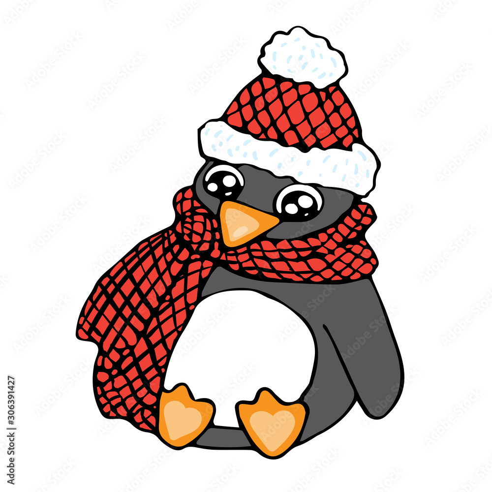 Penguin with red hat and checked scarf in doodle style isolated on white  background vector stock illustration for design and decoration, for decal  and interior decoration elements of winter decor Stock Vector