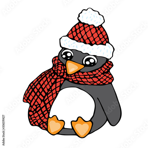 Penguin with red hat and checked scarf in doodle style isolated on white background vector stock illustration for design and decoration, for decal and interior decoration elements of winter decor