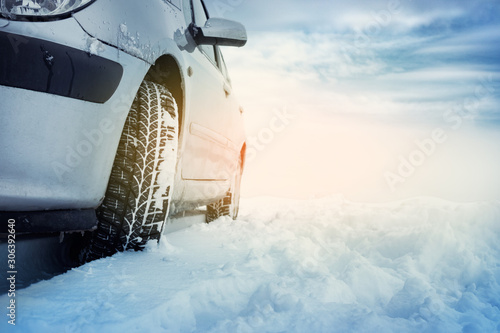 Driving car in winter with much snow