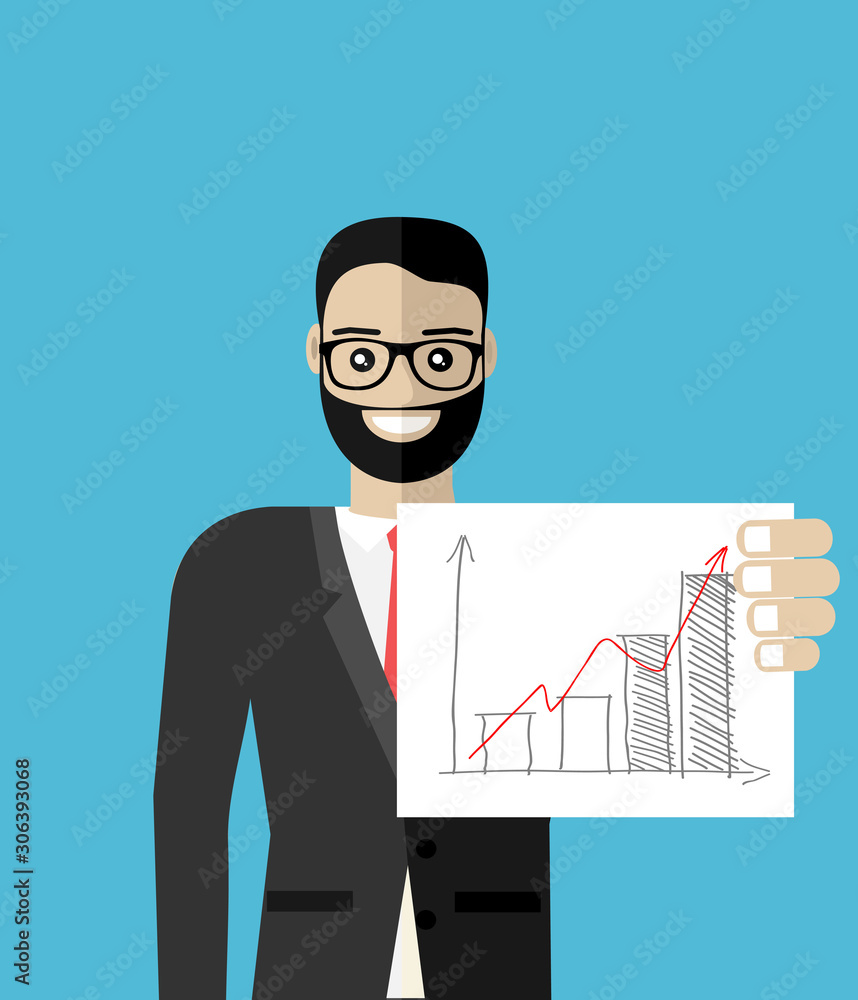 Businessman hold Placard with infographics data in hands. Illustration flat design style Businessman hold Placard with infographics data in hands. Illustration flat design style