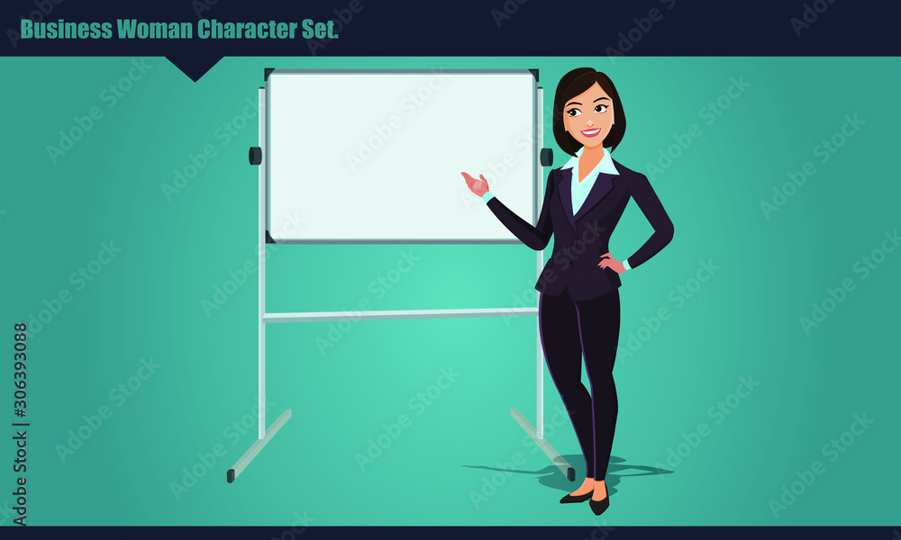 Beautiful Business woman Pointing To Empty White Board. Business Woman Presentation Or Conference Concept Flat Vector Illustration. Beautiful Business woman Pointing To Empty White Board. Business Woman Presentation Or Conference Concept Flat Vector Illustration.