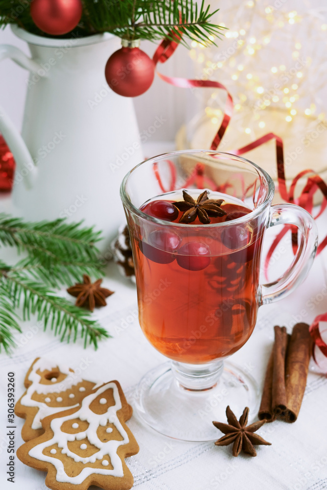 Hot beverage with cranberries christmas cookies and decorations Hot beverage with cranberries christmas cookies and decorations