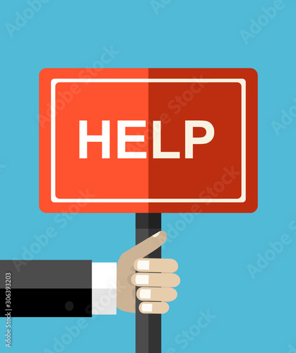 Hand holding help sign board. Wooden placard with help word written on it. Modern flat design vector illustration