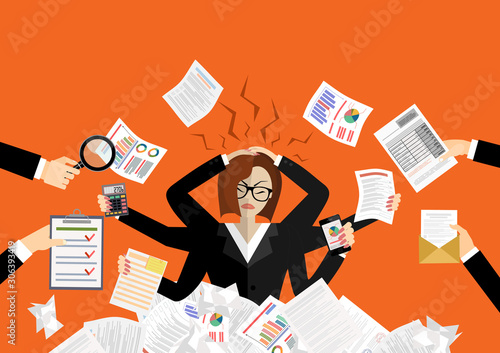 Stressed cartoon business woman in pile of office papers and documents. Stress at work. Overworked. Vector illustration in flat design