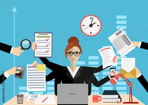Business woman surrounded by hands with office things. Multitasking and time management concept. Vector flat design illustration. Square layout.