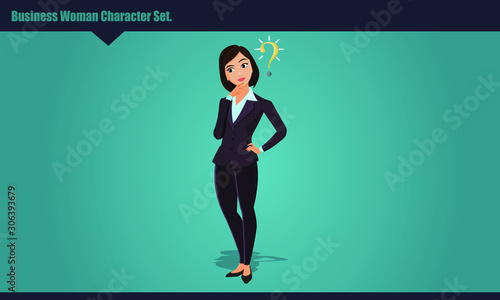 Thinking business woman standing under question mark.