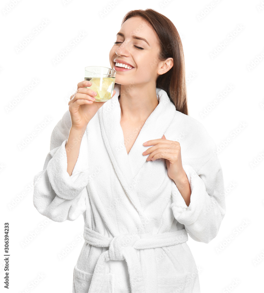 Young woman drinking lemon water on white background Young woman drinking lemon water on white background