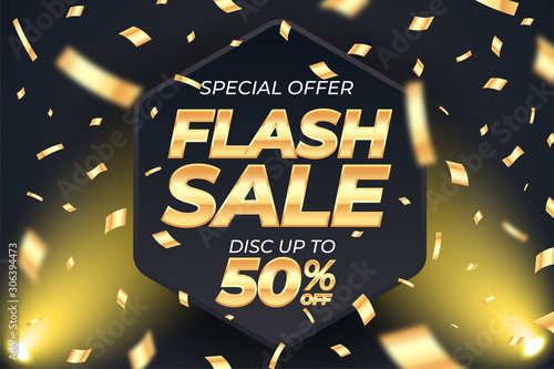 Golden flash sale banner template with gold confetti