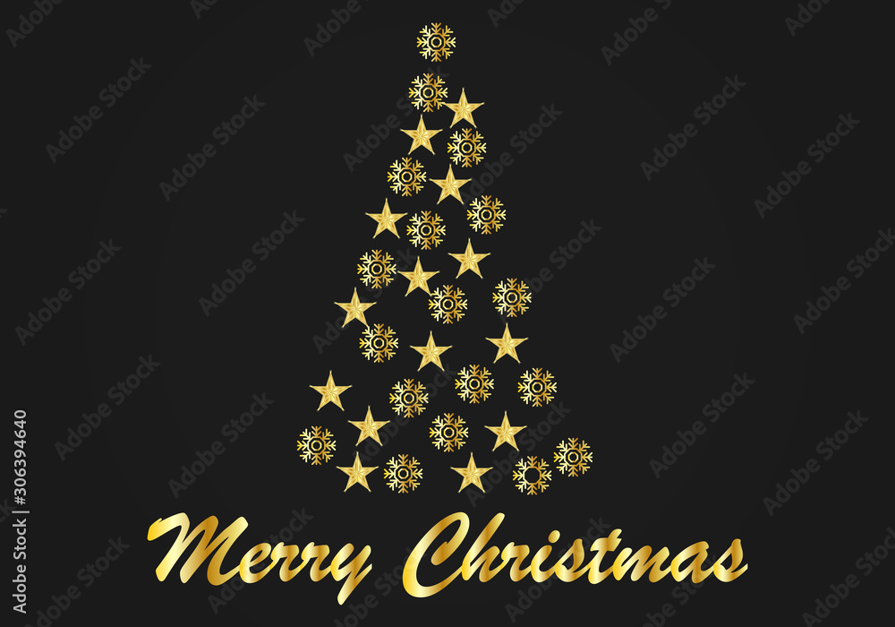 Felicitación de navidad con árbol de navidad formado por estrellas y copos de nieve dorados.