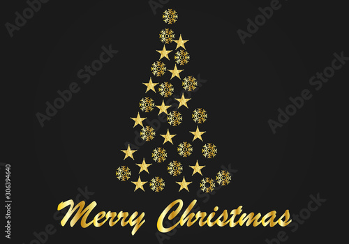 Felicitación de navidad con árbol de navidad formado por estrellas y copos de nieve dorados.