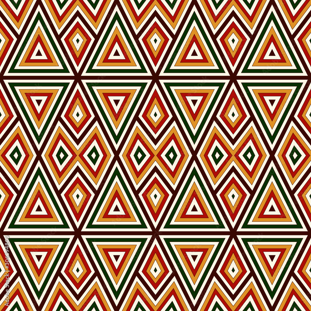 Seamless pattern in Christmas traditional colors. Bright ornamental abstract background. Ethnic and tribal motifs.
