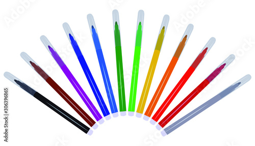 A set of twelve markers with primary colors for drawing and drawing. For the sale and advertising of markers and their application. Felt pen for drawing courses. Set of markers with a cap.