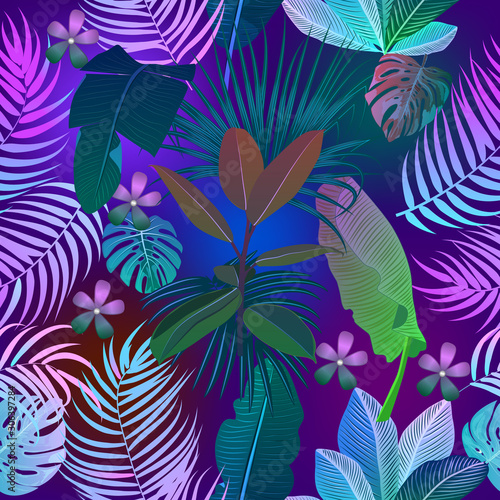 Tropical jungle neon palm leaves seamless pattern, vector background