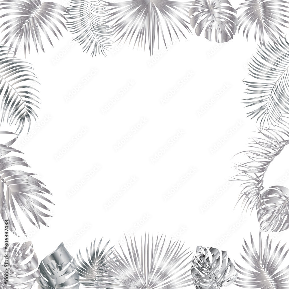 Vector tropical jungle frame with silver palm trees and leaves on white background