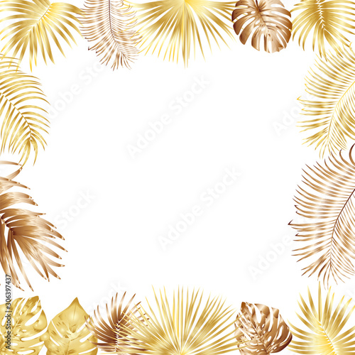 Vector tropical jungle frame with gold palm trees and leaves on white background