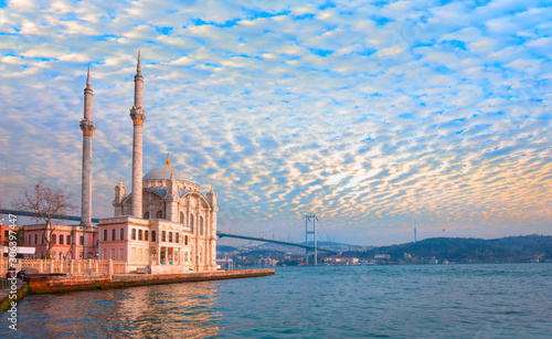 Ortakoy Mosque and Bosphorus bridge view at sunrise , Istanbul , Turkey