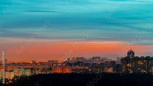 Beautiful night skyline of provincial city with illuminated.