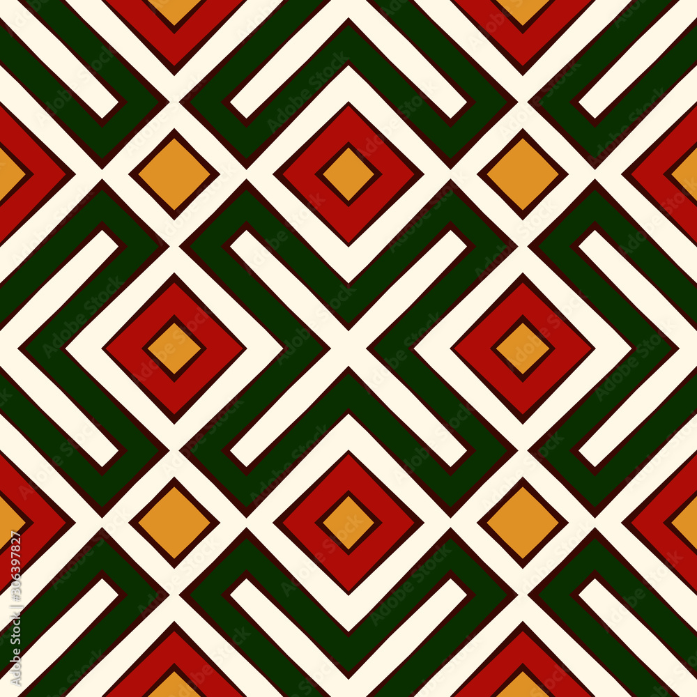 Seamless pattern in Christmas traditional colors. Repeated geometric forms bright ornamental abstract background. Seamless pattern in Christmas traditional colors. Repeated geometric forms bright ornamental abstract background.
