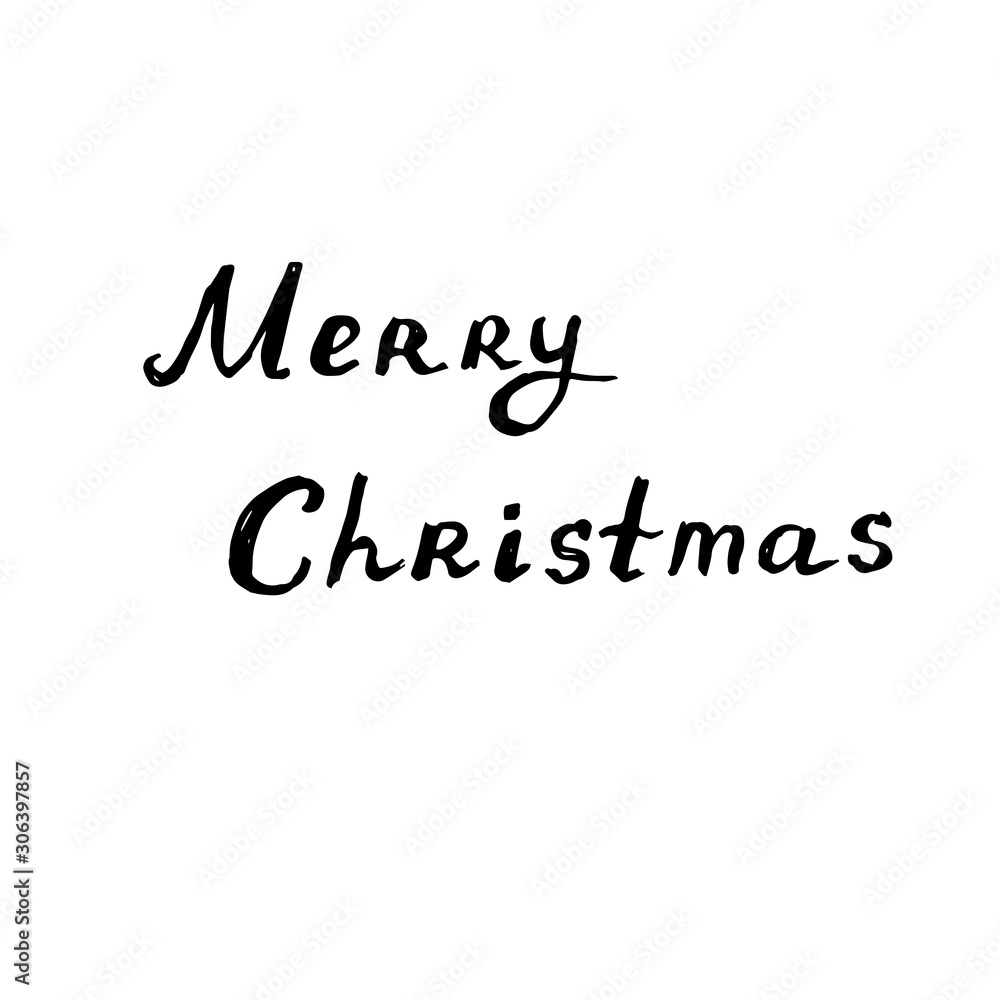 Lettering Ink Pen letters Merry Christmas. Hand draw sketch. Vector calligraphy illustration isolated on white background. Typography for banners, badges, postcard, t-shirt, prints, posters. EPS10