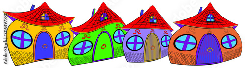 Four colorful houses of funny convex shape. A row of houses with round windows, a wooden door and dark red tiles. Dwellings from a fairy tale of a convex shape.