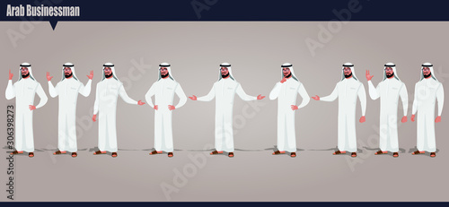 Cartoon Arab Businessman character Set with hand poses and action vector illustration. 