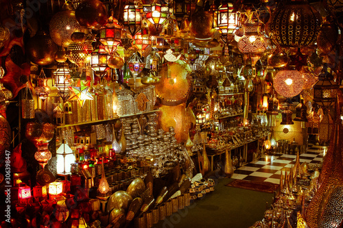 Moroccan style lighting with a decorated lamps in a shop in souks in Medina Marrakech, Morocco © OldskoolPhotography