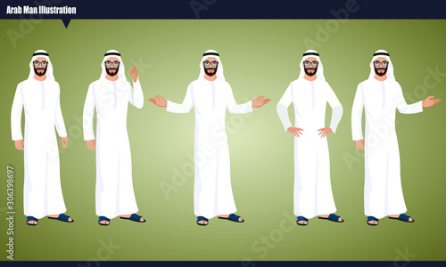 Arab Emirates vector character Set with hand poses and actions illustration. Arab businessman wearing traditional clothing and Islamic head scarf men clothing style Vector illustration.